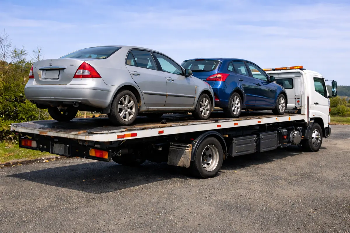Flatbed tow truck carrying two unwanted cars for free car removal in Auckland